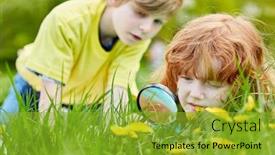  Presentation with magnifying glass - PPT theme enhanced with two-children-discover-nature background and a gold colored foreground