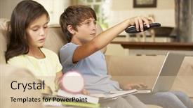  Presentation with television - Slide set having two children distracted by television background and a soft green colored foreground