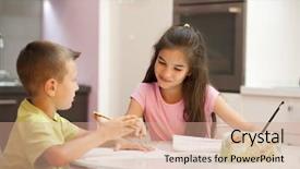  Presentation with homework - Beautiful slide deck featuring two-children-doing-their-homework backdrop and a  colored foreground