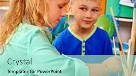  Presentation with children painting - Colorful slide deck enhanced with two children girl and boy with brush painting on table in primary school painting children lesson in primary school backdrop and a mint green colored foreground