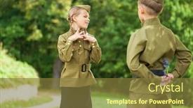  Presentation with patriotic military - Slide set consisting of two-children-in-military-uniforms background and a tawny brown colored foreground