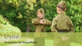  Presentation with patriotic military - Slide deck having two-children-in-military-uniforms background and a yellow colored foreground