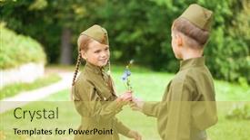  Presentation with patriotic military - Beautiful presentation theme featuring two-children-in-military-uniforms backdrop and a yellow colored foreground