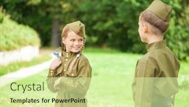  Presentation with patriotic military - PPT theme with two-children-in-military-uniforms background and a soft green colored foreground