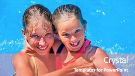  Presentation with outdoor activities - Slide set having two children in swimming pool children hugging and looking in camera summer swimming holiday swimming outdoor girl holding her sister in her arms children activities lifestyle background and a coral colored foreground