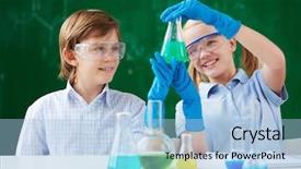  Presentation with chemical - Audience pleasing PPT theme consisting of two children looking at tube with chemical liquid backdrop and a light blue colored foreground