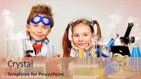  Presentation with children education - Audience pleasing slide set consisting of two children making science experiments backdrop and a coral colored foreground