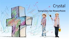  Presentation with children painting - Presentation theme featuring two children of school age painting wall with roller background and a light blue colored foreground