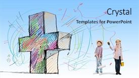  Presentation with children painting - Colorful PPT theme enhanced with two children of school age painting wall with roller backdrop and a light blue colored foreground