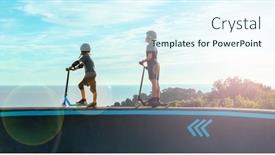  Presentation with children sport - PPT theme consisting of two-children-on-scooter-freestyle background and a cool aqua colored foreground