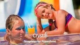  Presentation with summer drinking water - Presentation theme with two children on water slide at aquapark lie on edge of swimming pool and drinking cold orange drink children lie on edge of swimming pool summer holiday outdoor background and a coral colored foreground