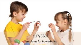  Presentation with children painting - Presentation design with two children painting easter eggs isolated on white background background and a coral colored foreground
