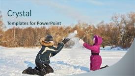  Presentation with play children - PPT layouts having two children play with snow on bright winter day background and a light blue colored foreground