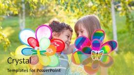 Presentation with girl scouts explorer summer - Presentation design with two children playing - preschool boy and girl embracing background and a yellow colored foreground
