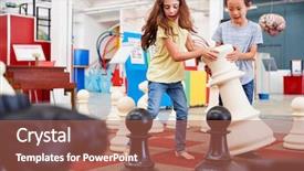  Presentation with children playing - Audience pleasing PPT theme consisting of two children playing giant chess backdrop and a coral colored foreground