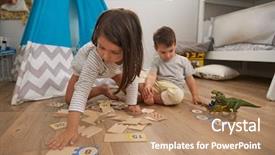  Presentation with children playing - Amazing slides having two children playing number puzzle backdrop and a coral colored foreground