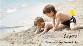  Presentation with children playing - PPT theme featuring two children playing on beach background and a  colored foreground
