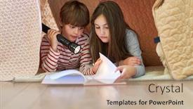  Presentation with storybook - PPT layouts having two-children-read-a-storybook background and a coral colored foreground