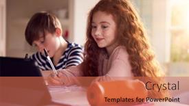  Presentation with using digital tablet - Beautiful slides featuring two-children-sitting-at-kitchen backdrop and a coral colored foreground