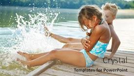  Presentation with water splash - PPT theme featuring two-children-splash-their-feet background and a coral colored foreground