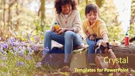  Presentation with pet - Slide set enhanced with two-children-walking-pet-dog background and a tawny brown colored foreground