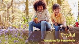  Presentation with pet - PPT theme featuring two-children-walking-pet-dog background and a tawny brown colored foreground