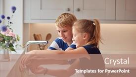  Presentation with children hands - Colorful PPT theme enhanced with two-children-washing-hands backdrop and a coral colored foreground