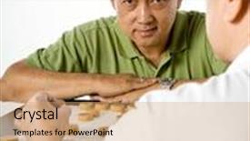  Presentation with fifties - Presentation theme having two chinese men in their fifties playing chess in the studio background and a coral colored foreground