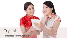 Presentation with chinese new year - Theme consisting of two chinese women using pad in traditional cheongsam in the new year background and a lemonade colored foreground