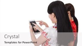  Presentation with chinese new year - Slides enhanced with two chinese women using pad in traditional cheongsam in the new year background and a white colored foreground