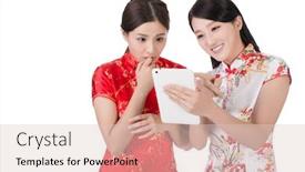  Presentation with chinese new year - Cool new PPT theme with two chinese women using pad in traditional cheongsam in the new year backdrop and a lemonade colored foreground