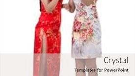  Presentation with chinese new year - Colorful slides enhanced with two chinese women using pad in traditional cheongsam in the new year backdrop and a lemonade colored foreground