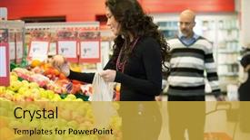  Presentation with supermarket - Slide deck having two choices - young woman buying fruits background and a yellow colored foreground