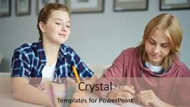  Presentation with classmates - PPT layouts enhanced with two classmates making notes during lesson background and a coral colored foreground