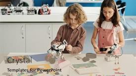  Presentation with robot electronic - Presentation theme having two-clever-classmates-in-casualwear background and a coral colored foreground