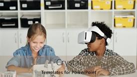  Presentation with intercultural - Presentation theme having two-clever-intercultural-schoolkids-playing background and a  colored foreground