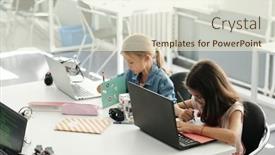  Presentation with front desk - Slides enhanced with two-clever-schoolgirls-making-notes background and a  colored foreground