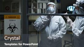  Presentation with patients - Colorful slide deck enhanced with two-clinicians-putting-on-protective backdrop and a dark gray colored foreground