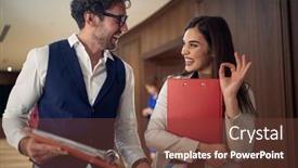  Presentation with coworkers - Presentation theme having two-colleague-hotel-coworkers-consulting background and a tawny brown colored foreground