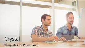  Presentation with computer - PPT theme consisting of two colleague using a computer background and a soft green colored foreground