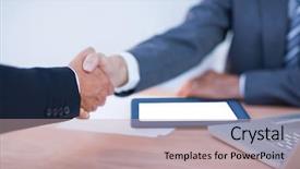  Presentation with shaking hands - Slide set consisting of two colleagues businessmen shaking hands background and a mint green colored foreground