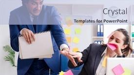  Presentation with employees - PPT theme enhanced with two-colleagues-employees-working background and a light blue colored foreground