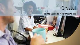  Presentation with coffee - Beautiful theme featuring two colleagues having a coffee backdrop and a light blue colored foreground