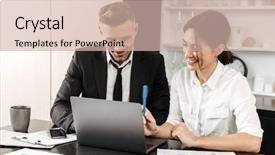  Presentation with team working together - Cool new slide deck with two colleagues working backdrop and a soft green colored foreground