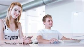  Presentation with college students - Slide set featuring two college students having fun studying together using a computer in a university library study room shallow dof color toned image background and a soft green colored foreground