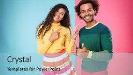  Presentation with african american black couple - Slide deck featuring two color - smiling african american young couple background and a light blue colored foreground