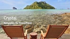  Presentation with sea shore - Presentation featuring two comfortable folding wooden chairs and a small side table through the emerald sea water visible stones romantic corner on the southern shore of the bay background and a coral colored foreground