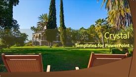  Presentation with pilgrimage - Cool new slide set with two-comfortable-wooden-chairs-deck backdrop and a tawny brown colored foreground