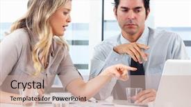  Presentation with special meeting notice - Cool new presentation design with two computer - businessman and businesswoman meeting backdrop and a coral colored foreground