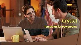  Presentation with black male female fashion - Cool new presentation theme with two computer - male fashion designers in meeting backdrop and a  colored foreground